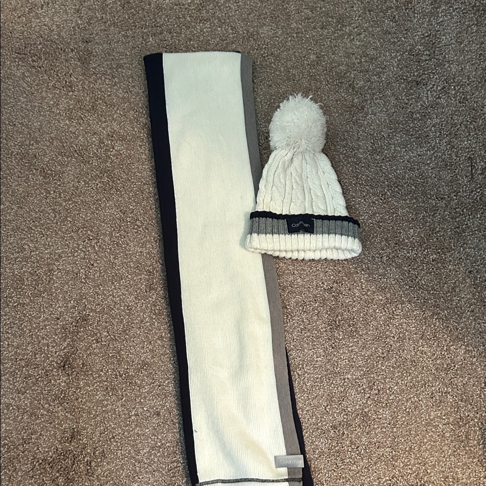 Calvin Klein womens' White and Gray Hat and Scarf Set